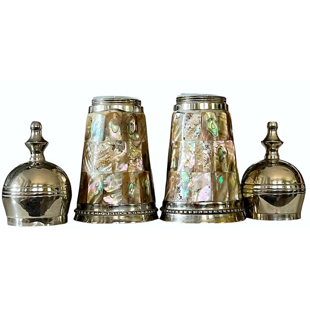 Contemporary Vintage Abalone Shell & Stainless Steel Salt and Pepper Shakers in the Style of Los Castillo For Sale - Image 3 of 7