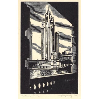 Small & Dynamic, Ca. 1935 Art Deco Engraving of Tribune Tower by M. Struve For Sale