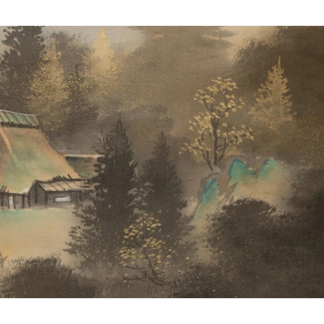 Goldenrod Late 20th Century Showa Era Japanese Watercolor Scroll Painting, "Landscape With Pine Trees" For Sale - Image 8 of 12