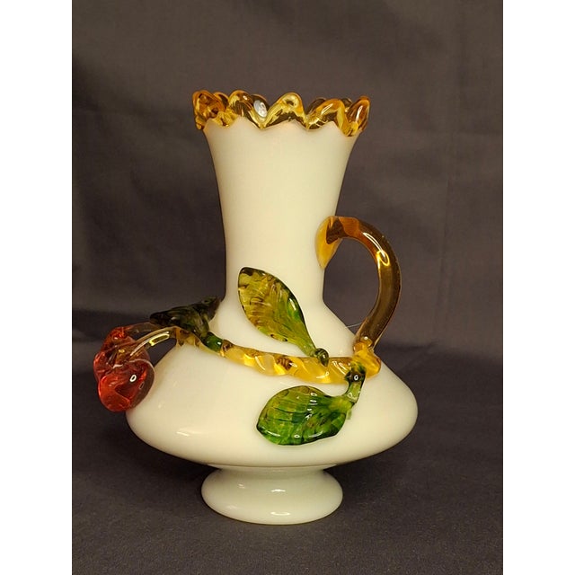 Stevens & Williams Antique Stevens & Williams Uranium Custard Glass Vase Applied Fruit Cherries 5" C. 1880 For Sale - Image 4 of 18