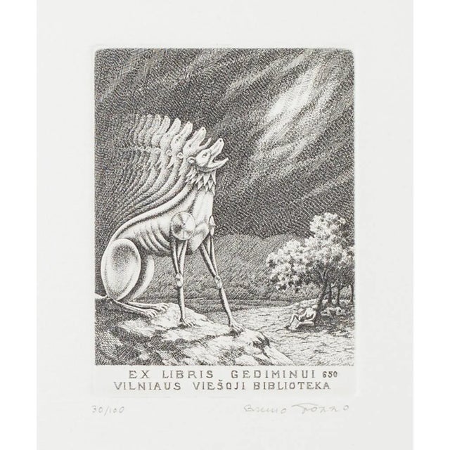 Ex Libris Gediminas 650 Vilnius Public Library Etching by Bruno Pozzo, 1950 For Sale