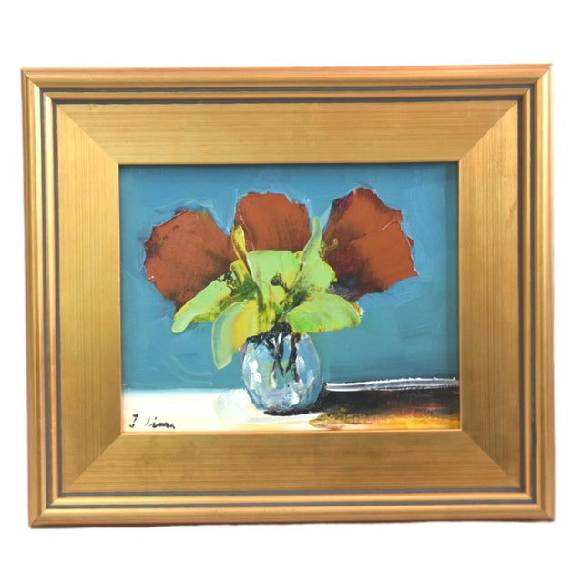 2020s Red Bouquet of Flowers Oil Painting Including the Antiqued Gold Wood Frame For Sale - Image 5 of 5