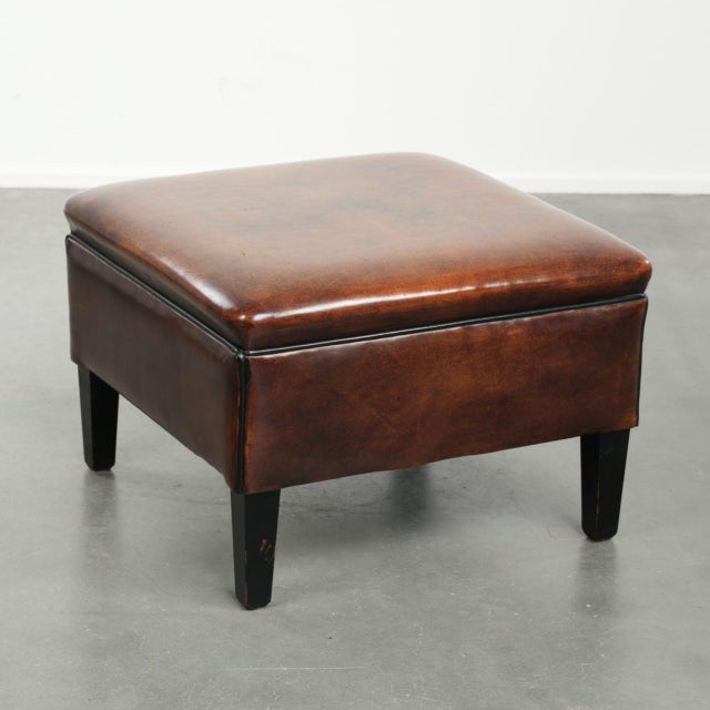 Large Dark Brown Square Ottoman Made of Sheepskin with Black Piping For Sale - Image 12 of 12