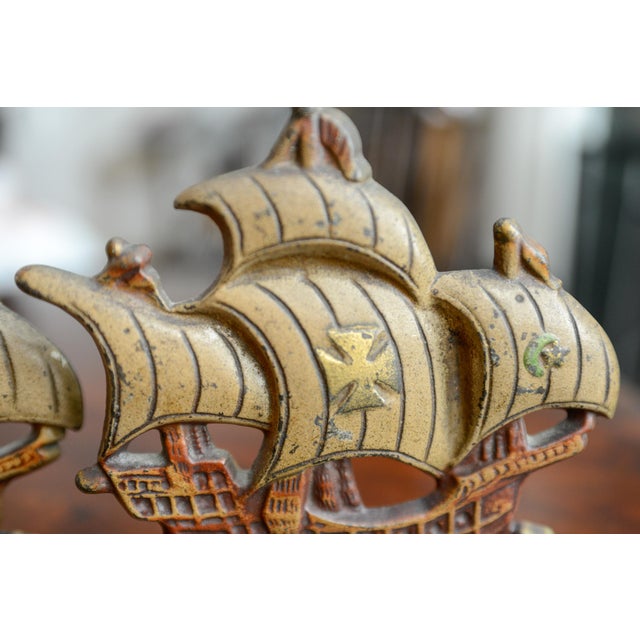 Tan Set of 2 VTG Cast Iron Sailing Ship Bookends Spanish Galleon Doorstops For Sale - Image 8 of 8