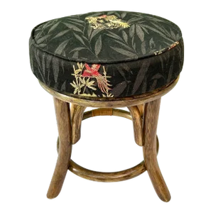 1980s Rattan Bamboo Vanity Stool With Black Aviary Upholstery