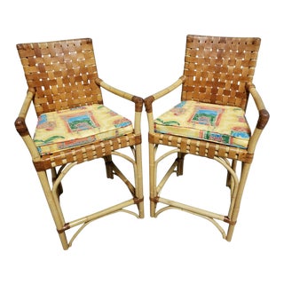Bamboo Woven Leather Bentwood Counter Stools Chairs With Cushions - Set 2 For Sale