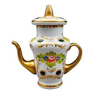Mid 20th Century Bohemian Czech White Cut to Green Cased Gold Gilt Hand Painted Floral Teapot For Sale