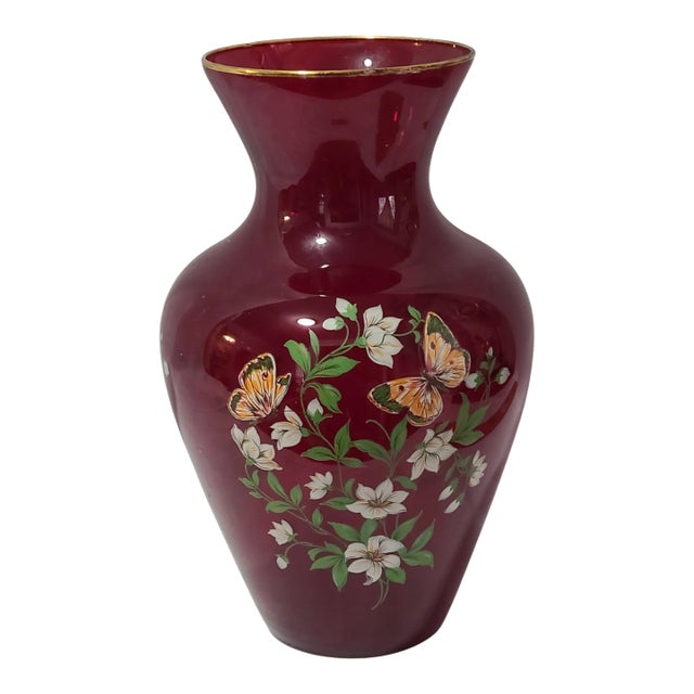 Vintage Italian Red Cranberry Glass Painted Butterfly Floral Vase For Sale