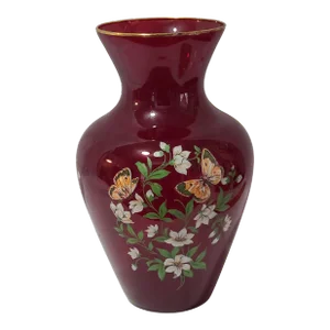 Vintage Italian Red Cranberry Glass Painted Butterfly Floral Vase