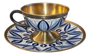 Mid-20th Century Soviet Russian 916 Silver Gilt Enamel Cup & Saucer, Leningrad
