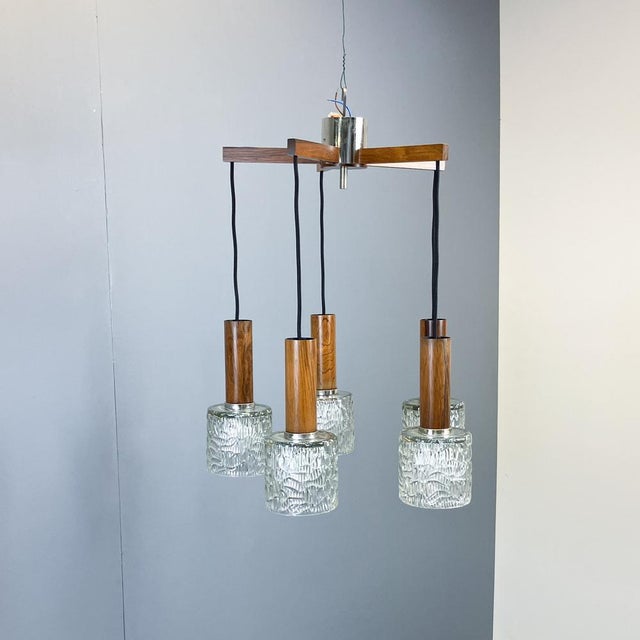 Metal 5-Light Cascade Lamp in Rosewood and Chrome with Textured Glass Shades, 1960s For Sale - Image 7 of 12