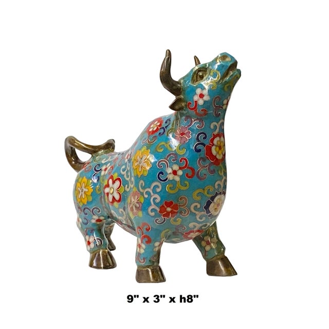 This is a pair of traditional oriental Chinese Ox / Cow figures made of metal and covered with turquoise blue multi-color...