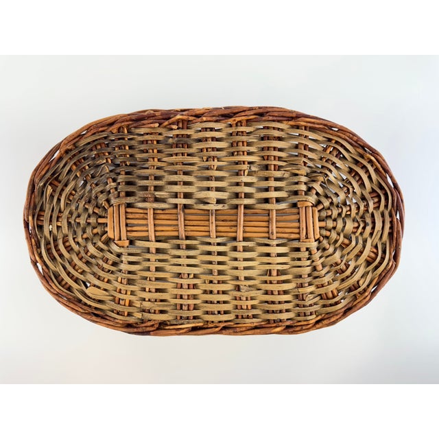 Vintage Woven Wicker Basket With Blue & White Porcelain Handles For Sale - Image 11 of 11