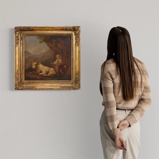 Antique italian painting from the first half of the 19th century. Oil on panel artwork depicting a bucolic landscape, a...