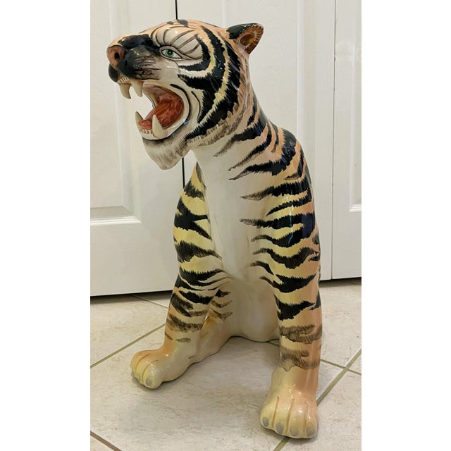 Wow! This large scale, almost life-size, tiger statue is so cool! It's made of ceramic and hand painted from about the...