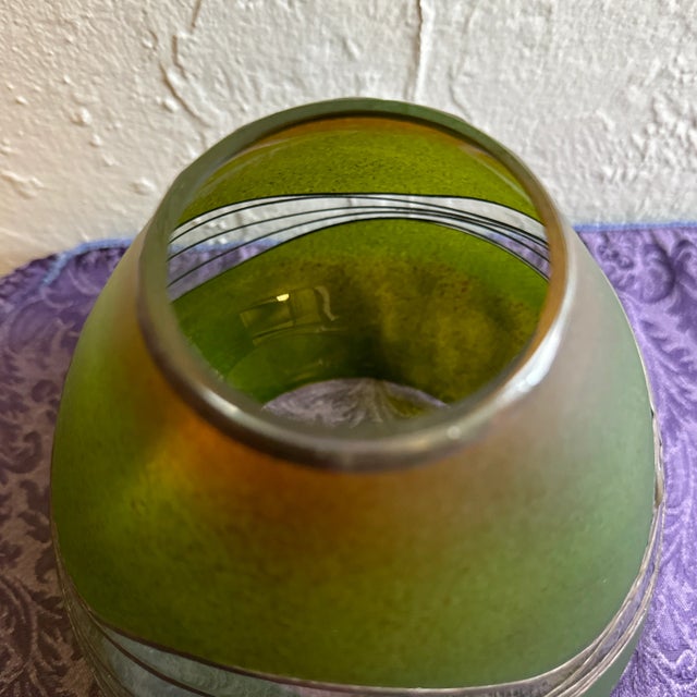 Olive Vintage Green Glass and Metal Artist Signed Vase For Sale - Image 8 of 10