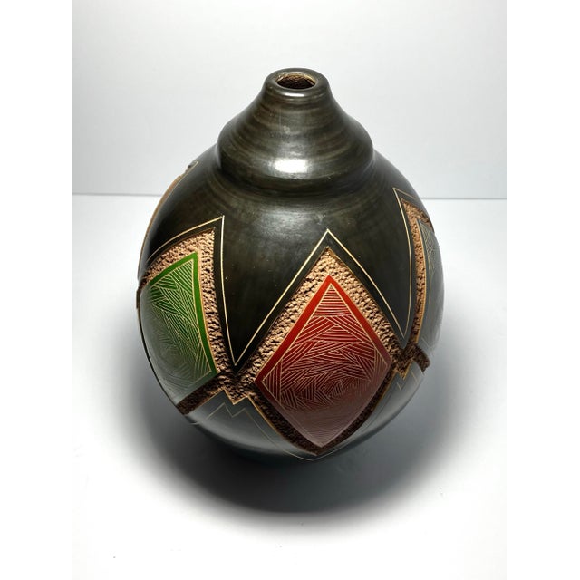 Romeo Gallegos Nicaraguan Handmade Studio Pottery Vase 10” Black Green Red Blue Excellent condition. No chips, cracks,...