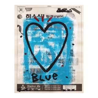 Blue Heartbeat - Original Blue Abstract Street Art Painting on Newspaper by Gary John For Sale