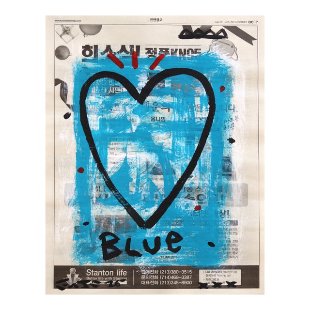 Blue Heartbeat - Original Blue Abstract Street Art Painting on Newspaper by Gary John For Sale