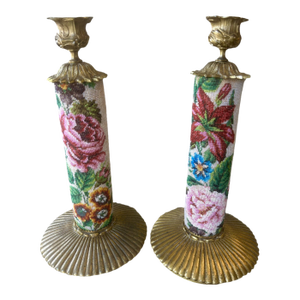 Antique Crystal Bead Petit Point Candle Holders Pair