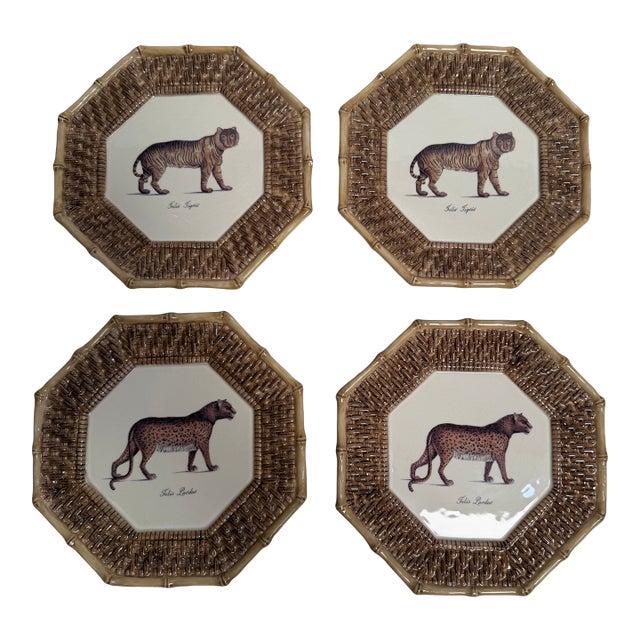 4 VTG Raymond Waites Empire Plates Brown Rattan Tiger Leopard Octagon 9.5" For Sale