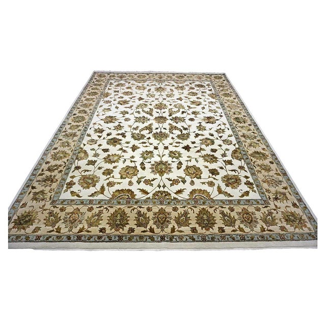 Indian Tabriz Wool & Silk 9x12 White Ivory, Tan, Blue, & Green Handmade Area Rug #1144267 For Sale - Image 4 of 9
