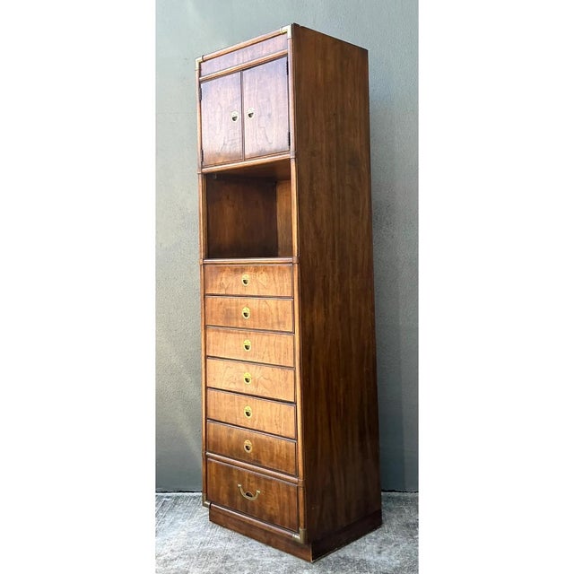 Drexel Vintage Drexel Wood and Metal Campaign Tall Cabinet For Sale - Image 4 of 12