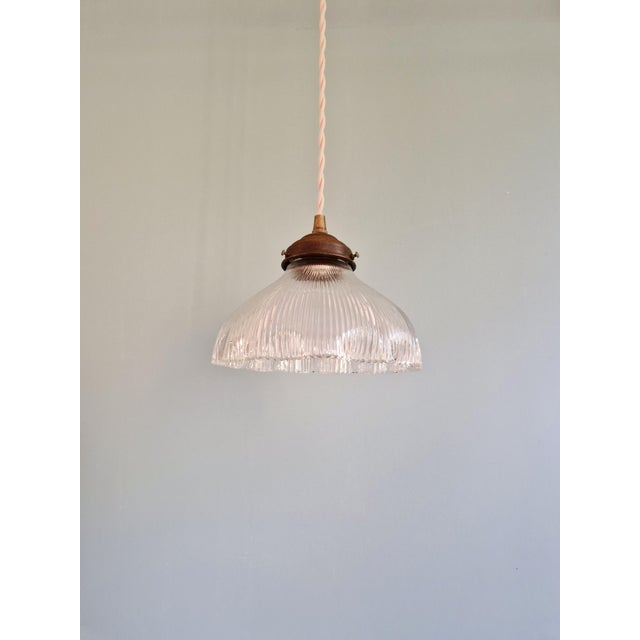 Industrial Holophane Pendant Light in Clear Grooved Glass, 1920s For Sale - Image 3 of 10
