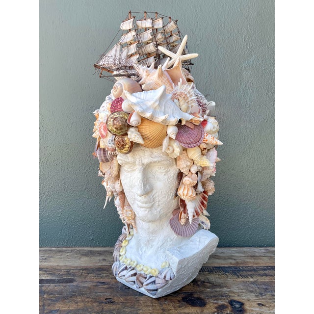 Late 20th Century Vintage Shell Encrusted Bust of Man With Sailing Ship For Sale - Image 5 of 12