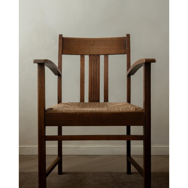 Dutch Art Deco Oak and Rush Armchair, 1920s For Sale - Image 6 of 17