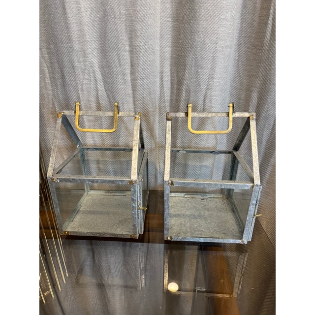 Pair of handmade house shaped zinc and glass garden planter, can be used as candle hurricanes .