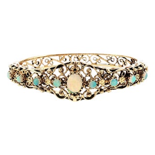 1960's Victorian Revival 14 Karat 9 Opal Hinged Bracelet For Sale