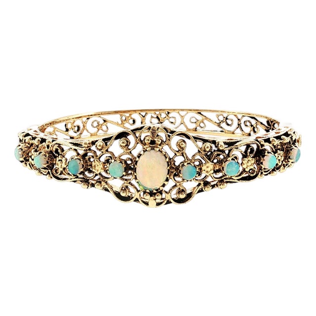 1960's Victorian Revival 14 Karat 9 Opal Hinged Bracelet For Sale