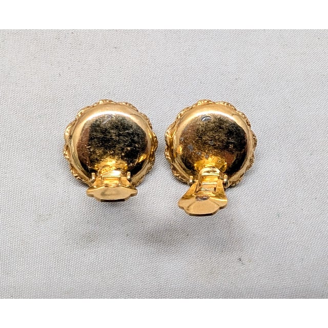 Metal Vintage 1950s Signed Hattie Carnegie Round Goldtone Cabochon Faux-Dark Green Jade Clip Earrings-2 Pieces For Sale - Image 7 of 7
