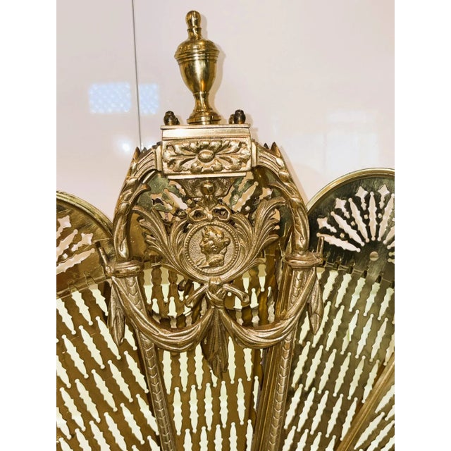Vintage French Laurel Swag & Cameo Brass Peacock Fan Folding Fireplace Screen For Sale - Image 4 of 17