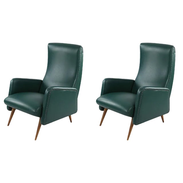 Set of Dark Green Leatherette Armchairs, 1950s For Sale