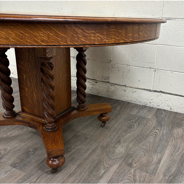 Antique Jacobean Revival Quarter Sawn Oak Tiger Oak Barley Twist Dining Table For Sale In Kansas City - Image 6 of 11