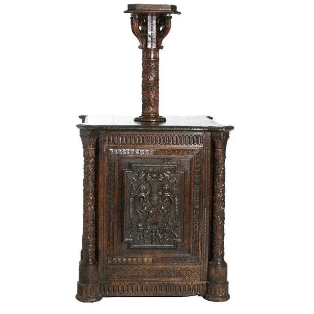 Early Antique Continental Carved Oak Reliquary Cabinet & Carved Columns, 18th Century For Sale - Image 4 of 13