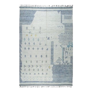 6x9 Ivory Hand-Knotted Wool Abstract Village Motif Tribal Modern Carpet Rug For Sale