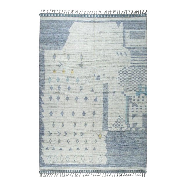 6x9 Ivory Hand-Knotted Wool Abstract Village Motif Tribal Modern Carpet Rug For Sale