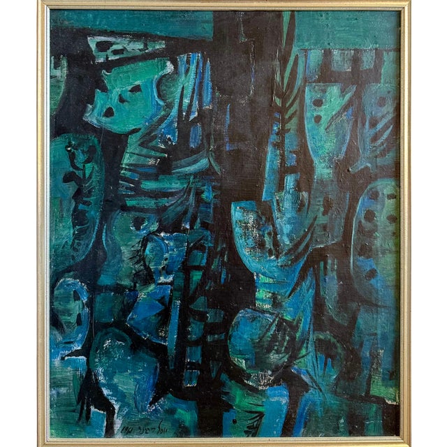 Dark Green Yosl Bergner, Israeli Expressionist Oil Painting Yosl Bergner Modernist Abstract Composition, 1961 For Sale - Image 8 of 13