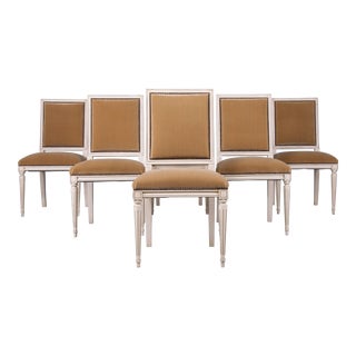 French Louis XVI Style Painted Square Back Dining Chairs W/ Beige Velvet - Set of 6 For Sale
