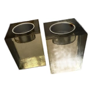 Vintage Modern Smoky Resin Cube Candle Holders Pair Minimalist Architectural Design For Sale