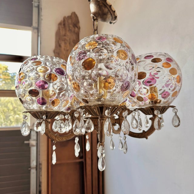 Antique Czech Bohemia Crystal Glass Coin Dot 5 Globe Brass Chandelier For Sale In Buffalo - Image 6 of 12