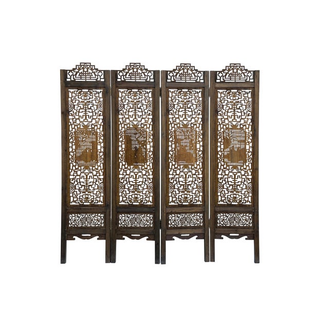 This exquisite four-panel wooden room divider showcases exceptional traditional craftsmanship, featuring intricate...