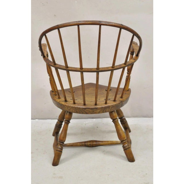 Antique French Country Colonial Chestnut Oak Wood Small Bowed Windsor Arm Chair For Sale - Image 9 of 12