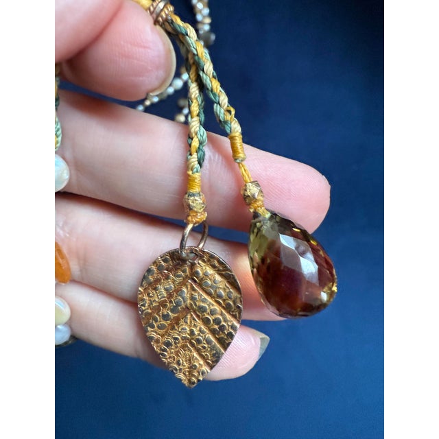 Pearl & Gemstone Layered Wrap Necklace With Hammered Leaf Drops For Sale - Image 4 of 7