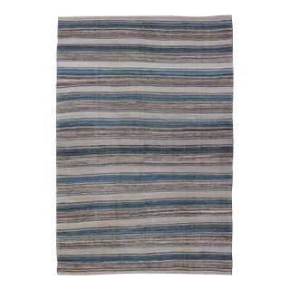 Versatile Striped Design and Natural Brown, Cream, and Blue Flat-Weave Kilim 7'9 X 11'10 For Sale