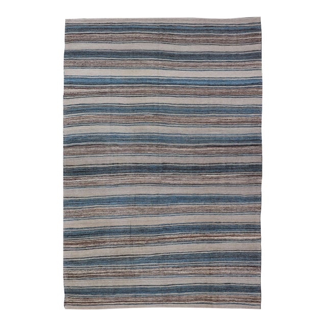 Versatile Striped Design and Natural Brown, Cream, and Blue Flat-Weave Kilim 7'9 X 11'10 For Sale
