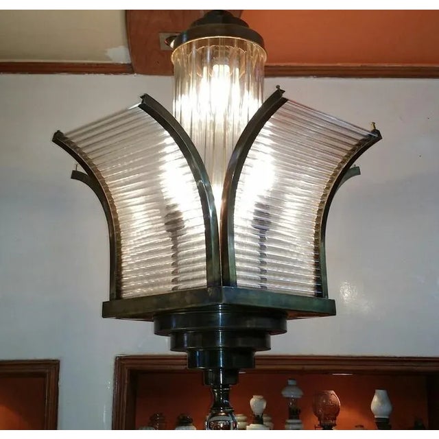 Skyscraper Vintage Art deco light Old Lamp Ceiling Hanging Chandelier Fixture Brass & Glass Rod Ship Light Excellent...